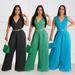 Women's Clothing sleeveless temperament casual V neck waist pleated loose wide leg jumpsuit_mkmklike.com