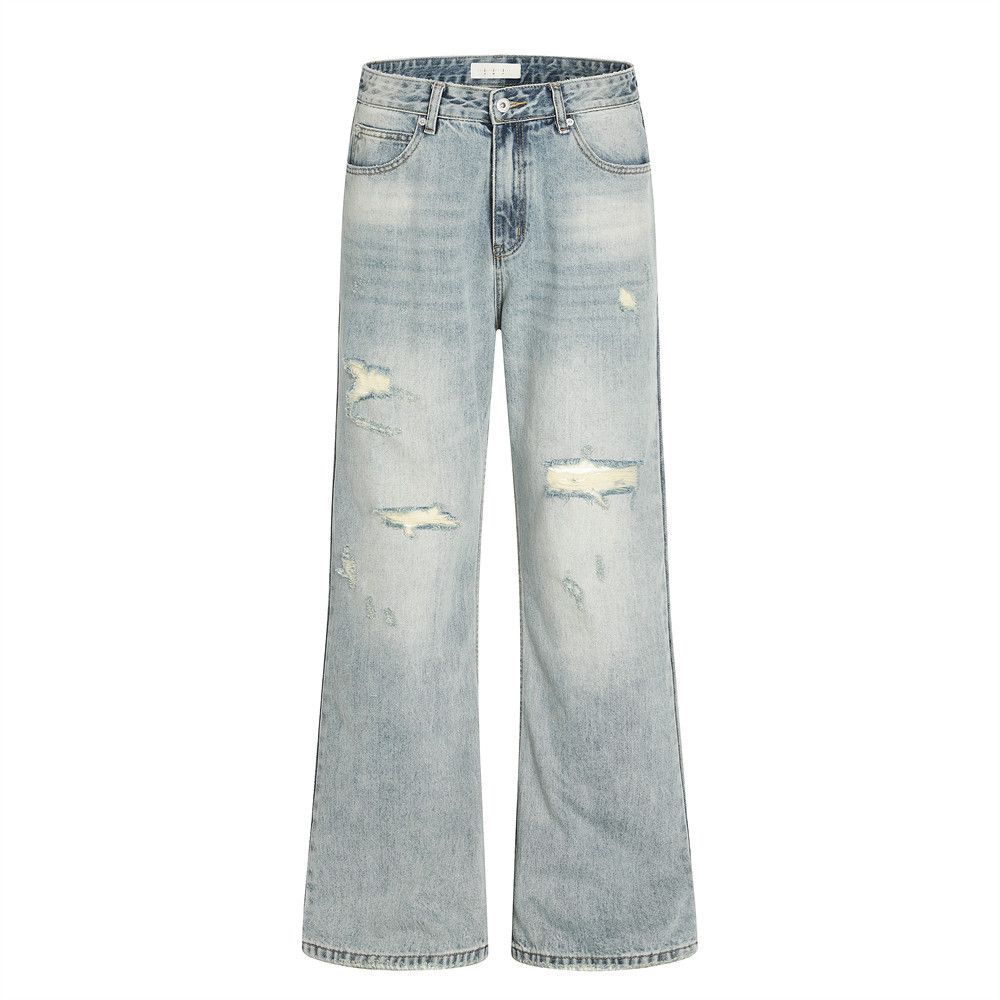American Style Design Distressed Denim Men's Long Heavy Washed Frayed Wide-Leg Slightly Flared Pants Trendy_mkmklike.com