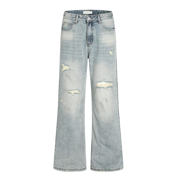 American Style Design Distressed Denim Men's Long Heavy Washed Frayed Wide-Leg Slightly Flared Pants Trendy_mkmklike.com