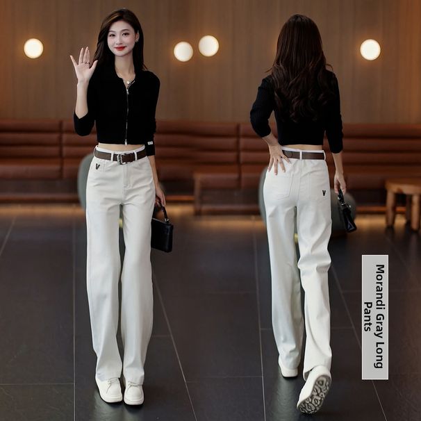 Women's Slim Fit Wide Leg Jeans High Waist Slimming Luxurious Loose Straight Leg Pants Yellow New Style for Spring And Autumn_mkmklike.com
