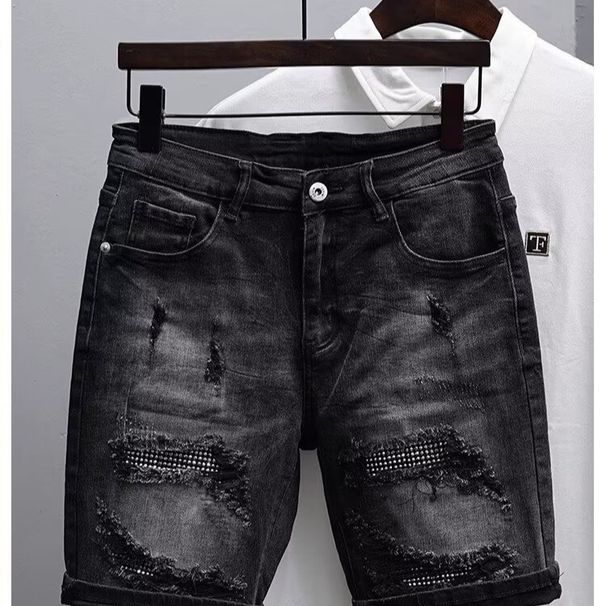 Men's Slim Fit Stretch Denim Shorts Distressed Rhinestone Embellished 4-Inch Inseam Casual Black And Gray Shorts_mkmklike.com