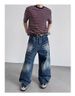 American Style Rivet Lightning Denim Jeans For Men And Women, Wide-Legged Distressed Wash Vintage Drop-Crotch Trousers, Trendy Streetwear Design_mkmklike.com