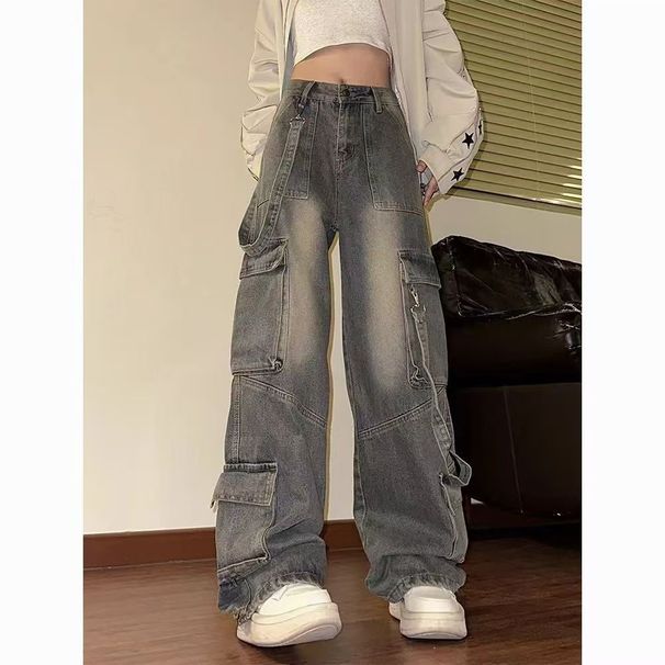 Retro Small Many Pockets Cargo Jeans Women's High Street Design Sense Loose Wide-leg Floor-length Pants Trend_mkmklike.com