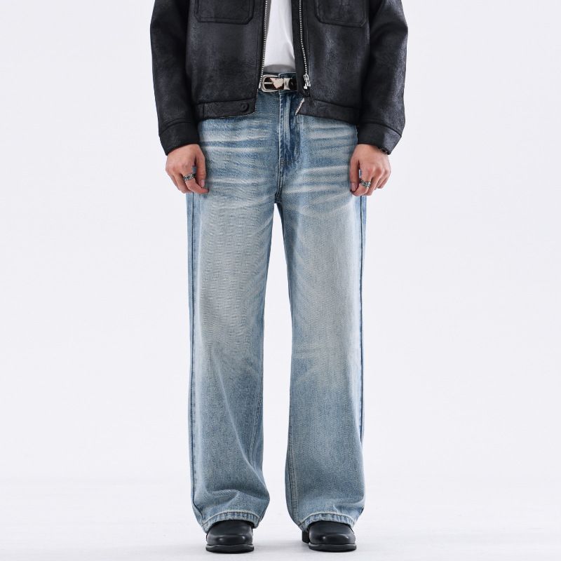 Men's Clothing High Street Sky Blue Washed Jeans Relaxed Straight Fit Vintage Distressed Whiskering Casual Style | Comfortable Cotton (88%)_mkmklike.com