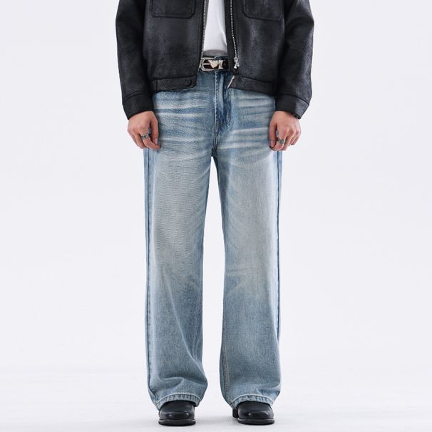 Men's Clothing High Street Sky Blue Washed Jeans Relaxed Straight Fit Vintage Distressed Whiskering Casual Style | Comfortable Cotton (88%)_mkmklike.com