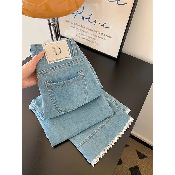 Light Blue Lace Denim Jeans For Women Stretchy Slim Wide Leg Straight Leg Cropped Pants Pear Shaped Figure Plus Size Summer Style_mkmklike.com