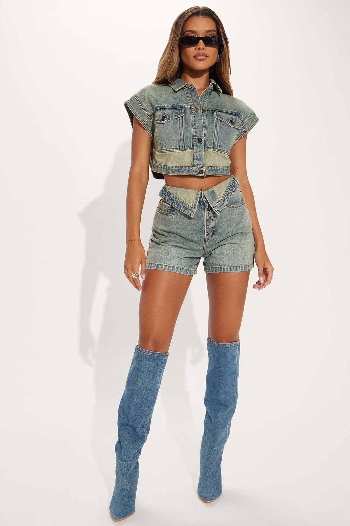 Women's Stretch Denim Two-Piece Set - Fashion Matching Outfit, Casual Leisure Suit_mkmklike.com