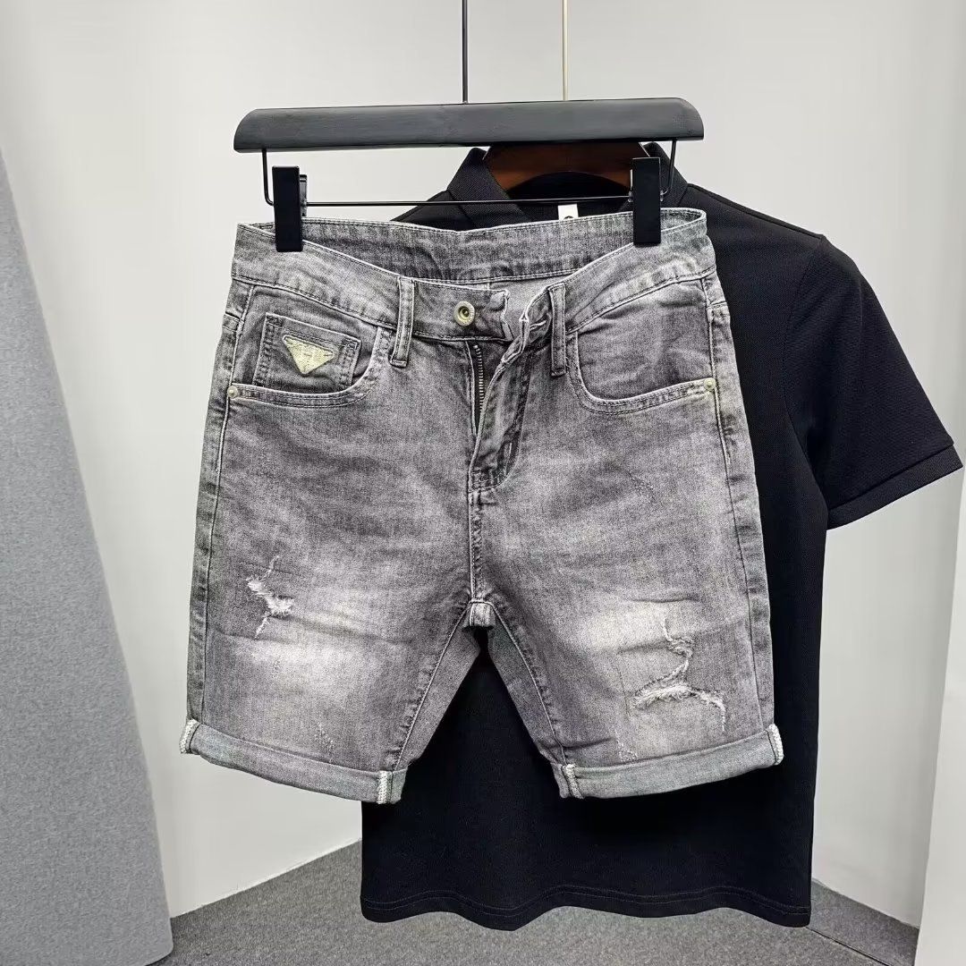 Summer New Denim Shorts Five Quarter Brand Slightly Wide Printed Trendy Korean Version Elastic Tear Hole Middle Men's_mkmklike.com