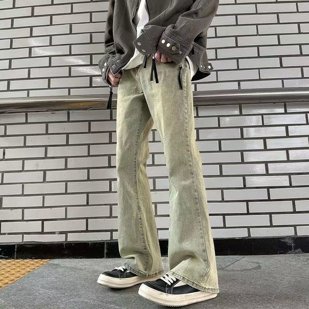 Men's High Street Vintage Washed Yellow Mud Dyed Jeans Straight Leg Vibe Micro Flare Loose Fit Slimming Pants_mkmklike.com