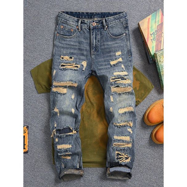 Men's Vintage Heavyweight Distressed Jeans – Korean Retro Washed Denim With Hand-Stitched Patches (28-38, Relaxed Straight Fit)_mkmklike.com