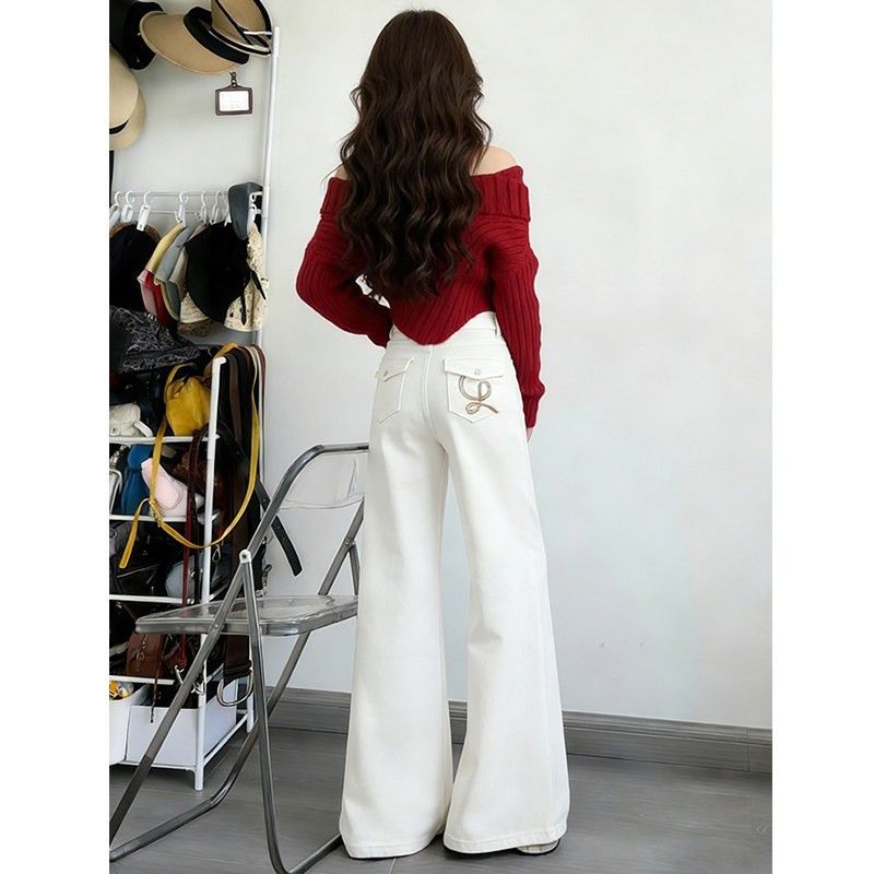 Women's High-Rise White Embroidered Flared Jeans – Vintage 70s Bell Bottom With Boho Stitching & Non-Skinny Fit For Spring_mkmklike.com