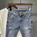 Men's 9-Hole Distressed Jeans Slim Fit Light Blue Vintage Washed Denim Pants For Casual Streetwear_mkmklike.com