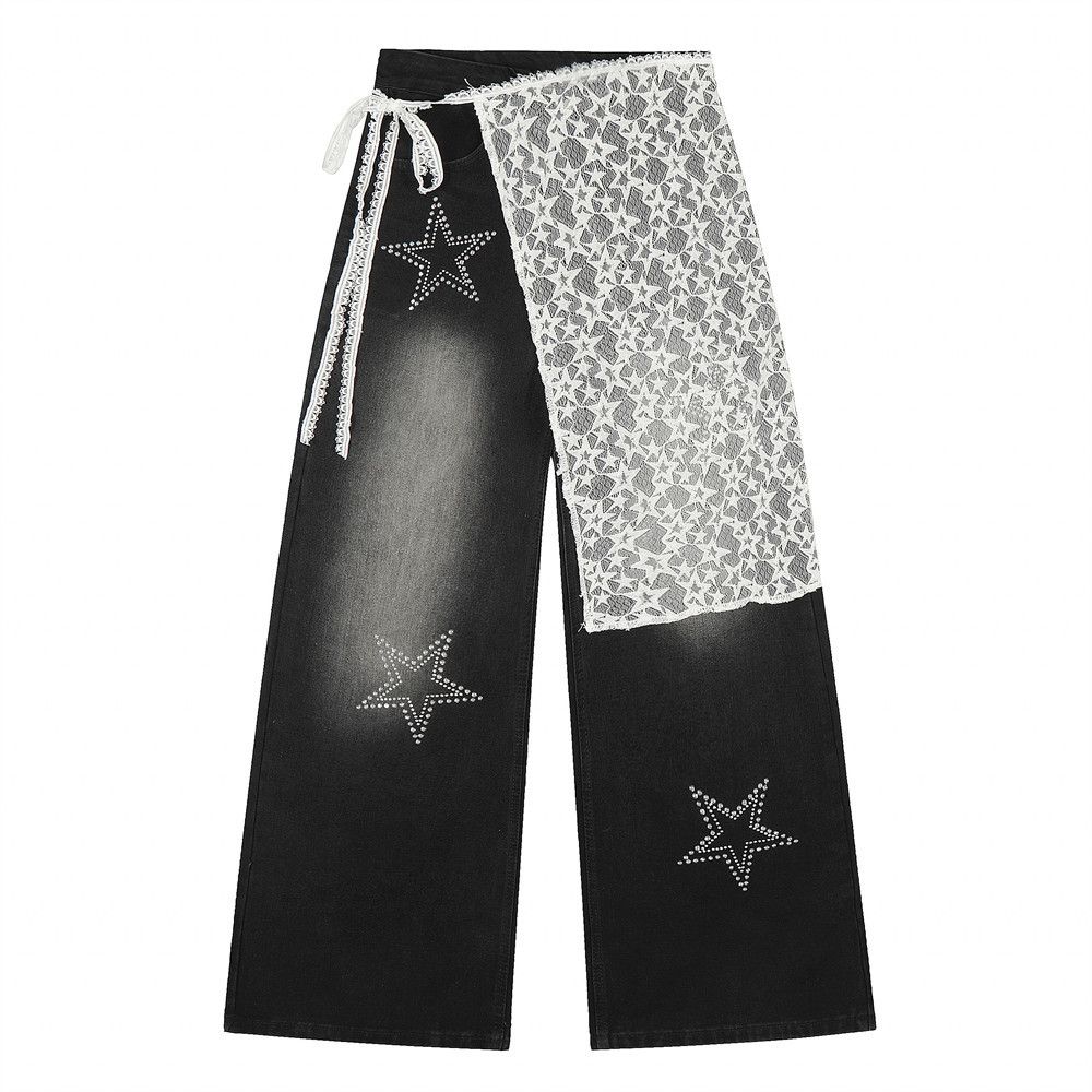 Vibe Trendy Brand Design Sense Denim Straight Long Unisex Hot Drilled Five-Pointed Star Niche Loose Wide-Leg Pants_mkmklike.com