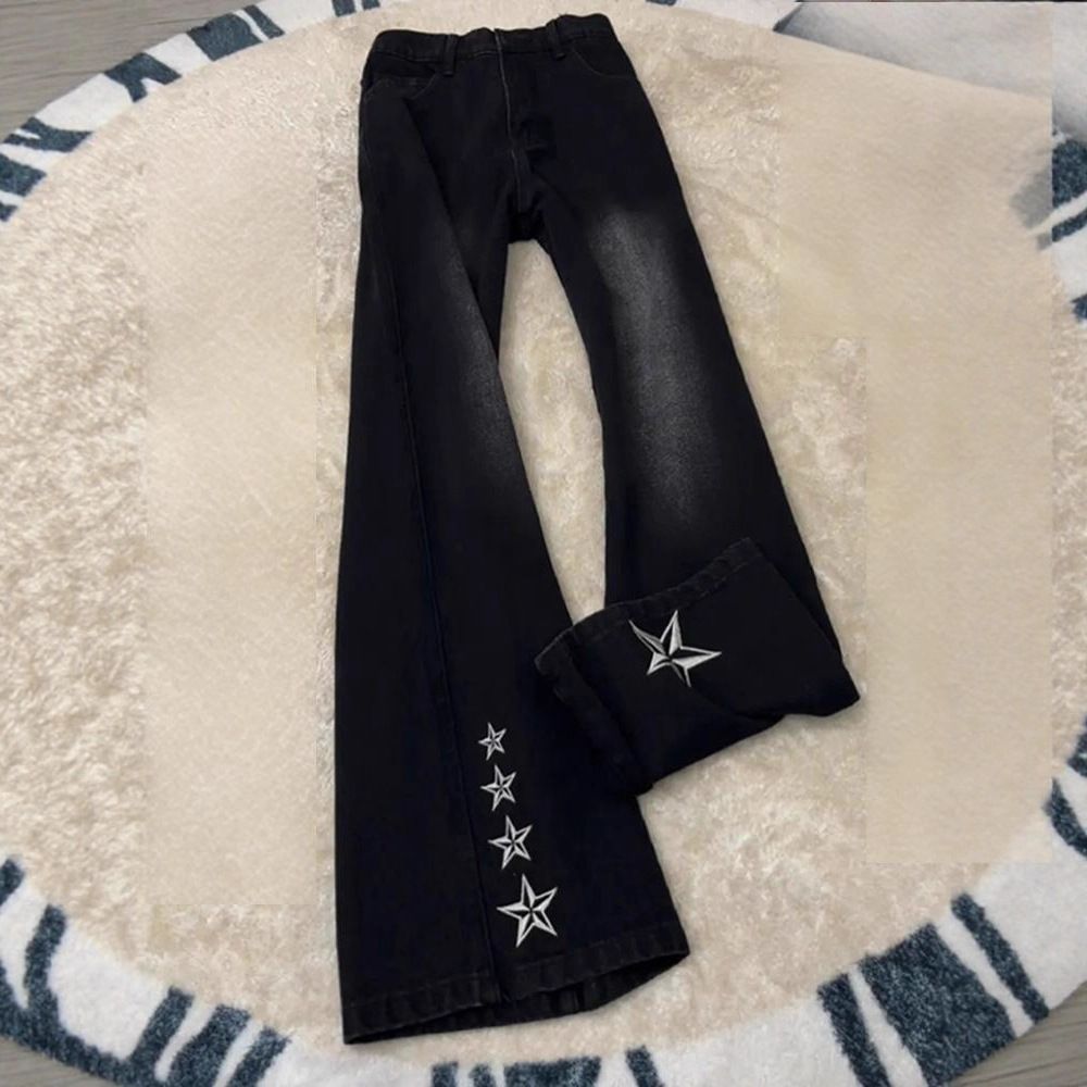 "Men's Black Embroidered Star Flare Jeans – Retro High-Street Vibe, Stretch Denim, Distressed Hem (90s Hip-Hop Inspired)"_mkmklike.com