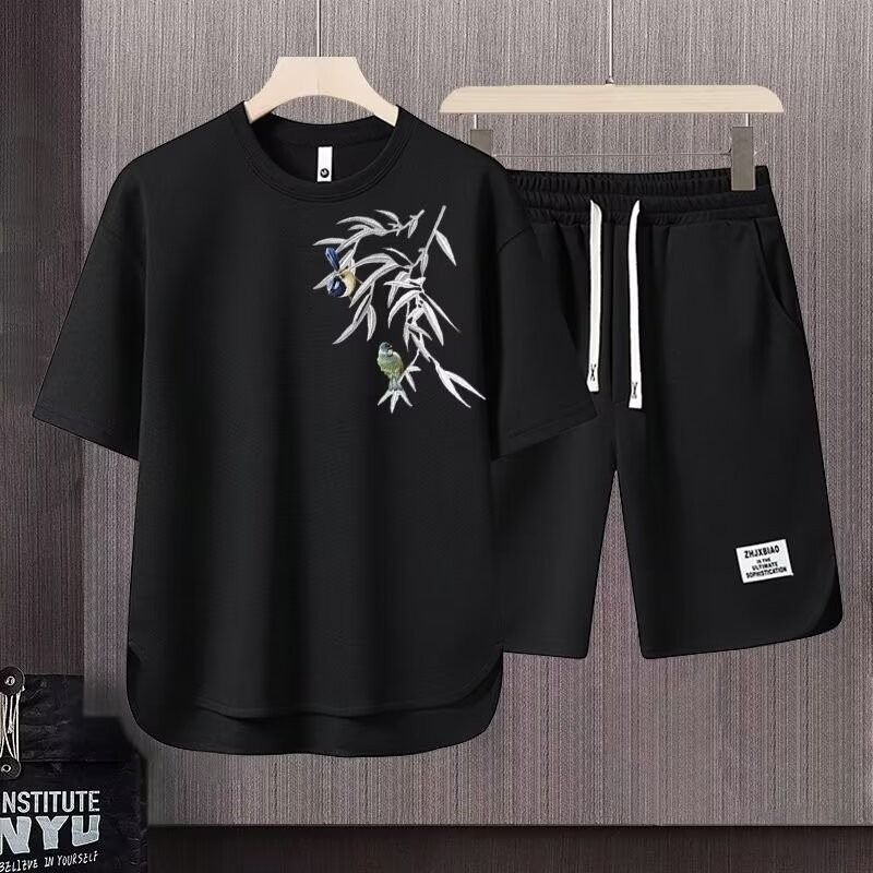 Men's Clothing 2024 Waffle Casual Summer Suit Men's Loose Teen Short sleeved T shirt Shorts Handsome Two piece Suit_mkmklike.com