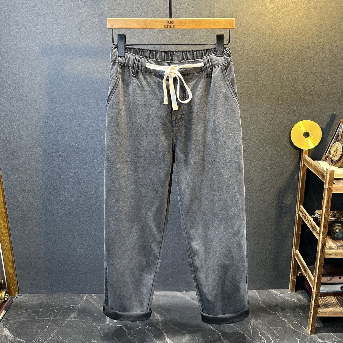 Men's Clothing Men's Summer Thin Black Jeans Tencel Lyocell Simple Elastic Waist Drawstring Loose Straight Leg Pants_mkmklike.com