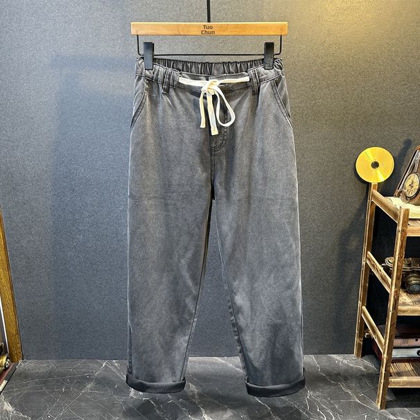 Men's Clothing Men's Summer Thin Black Jeans Tencel Lyocell Simple Elastic Waist Drawstring Loose Straight Leg Pants_mkmklike.com