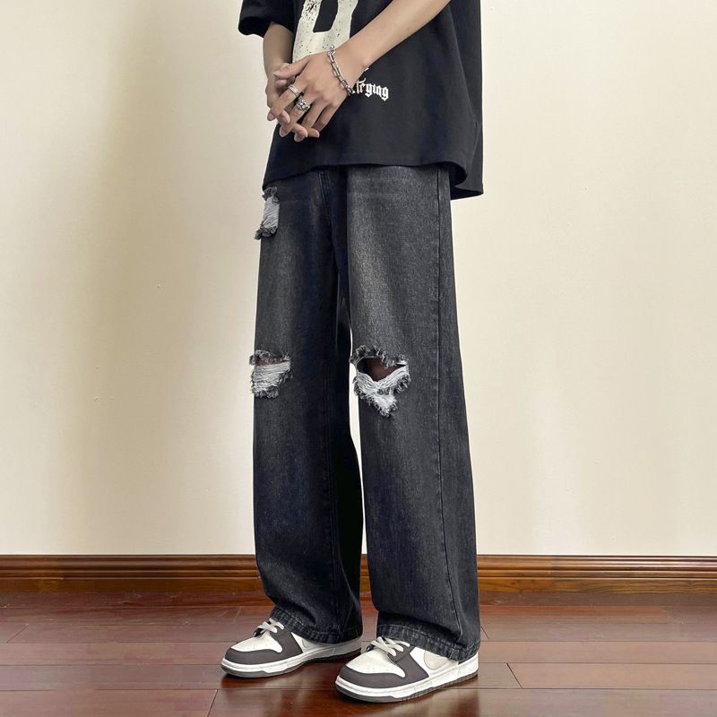 Ripped Jeans Men's Summer American Retro Trendy Brand Straight Wide-leg Pants High Street Ruffian Handsome Casual Trousers_mkmklike.com