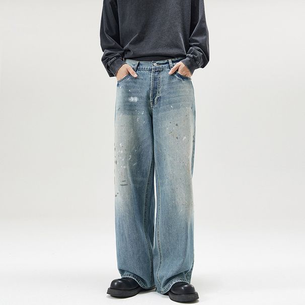 Men's Washed Denim Trousers Loose Fit Relaxed Wide Leg Casual Wear with Splatter Paint Design Retro American Style_mkmklike.com