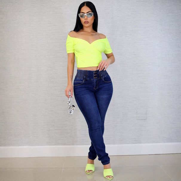 Summer New High-waisted Stretch Jeans For Plus-size Women, Buttoned, Tummy-control Pencil Pants, Slim-fit,_mkmklike.com