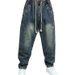 Men's Distressed Washed Jeans – Vintage Relaxed Fit With Drawstring Waist & Patchwork Detail Heritage Washes_mkmklike.com