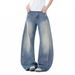 Women's American Retro Ripped Blue Jeans Unique Style Loose Fit Versatile Straight Leg Wide Leg Pants_mkmklike.com
