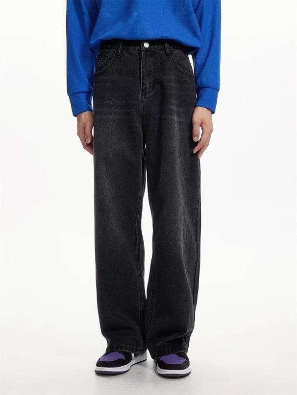 Men's Summer Loose Straight Leg Jeans Washed Retro Trousers_mkmklike.com