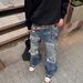 Men's Retro Washed High Street Style Distressed Ripped Loose Straight Leg Jeans Floor Length Clothing_mkmklike.com