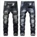 Men's Clothing Stretch Black Jeans Motorcycle Style Patchwork Loose Fit Straight Leg Denim Mid Waist Long Cotton Non-Stretch Machine Washable_mkmklike.com