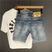 Men's Clothing Men's Distressed Denim Shorts With Embroidery & Splatter Design - Stretchable Casual Streetwear Mid-Length Cargo Shorts (Light Blue)_mkmklike.com