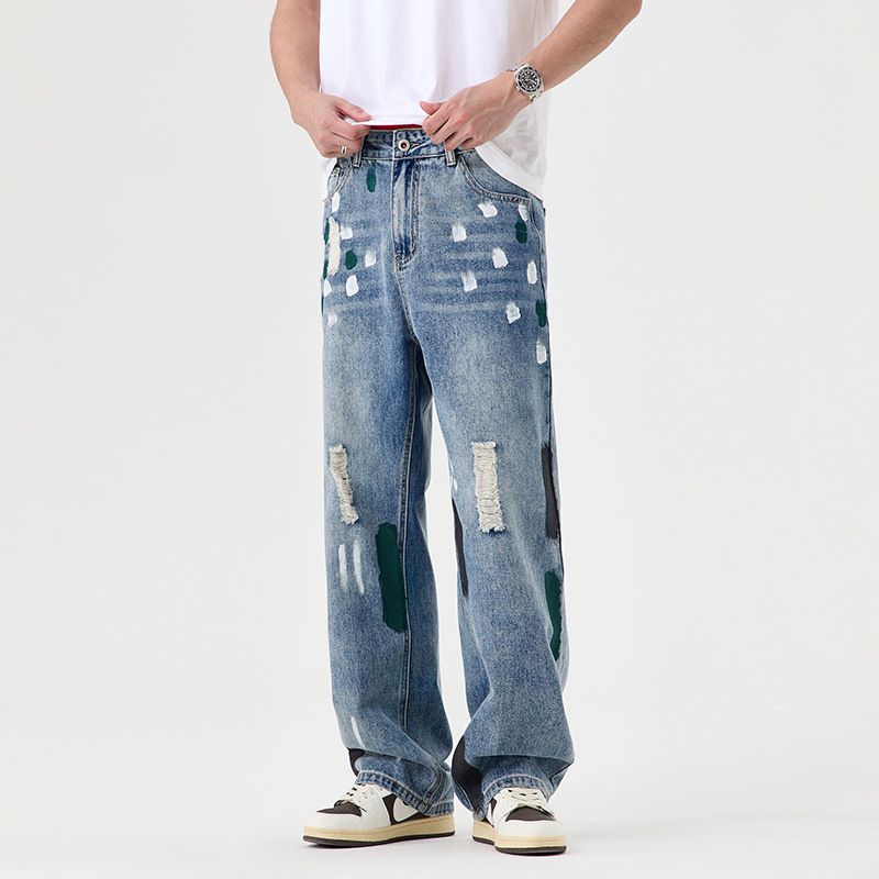 Spring And Summer Trend Street Retro Graffiti Contrasting Color Straight Jeans Men's Loose American High Street Wide-leg Floor-mopping Trousers_mkmklike.com