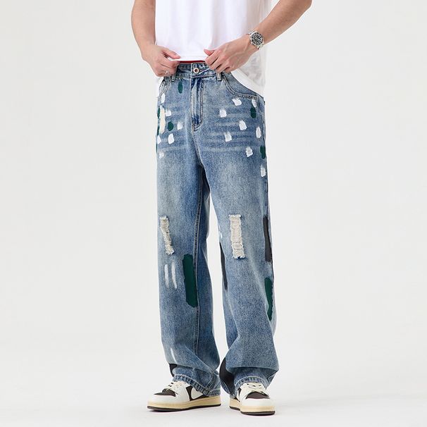 Spring And Summer Trend Street Retro Graffiti Contrasting Color Straight Jeans Men's Loose American High Street Wide-leg Floor-mopping Trousers_mkmklike.com