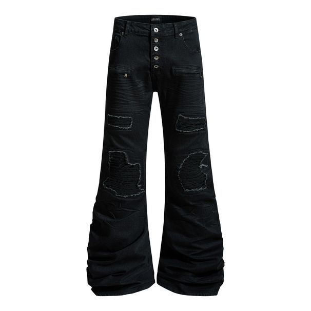 Punk Ripped Patchwork Denim Flared Pants Men's Hippie Trendy Vibes Heavy Pleated Stacked Floor-Length Trousers_mkmklike.com
