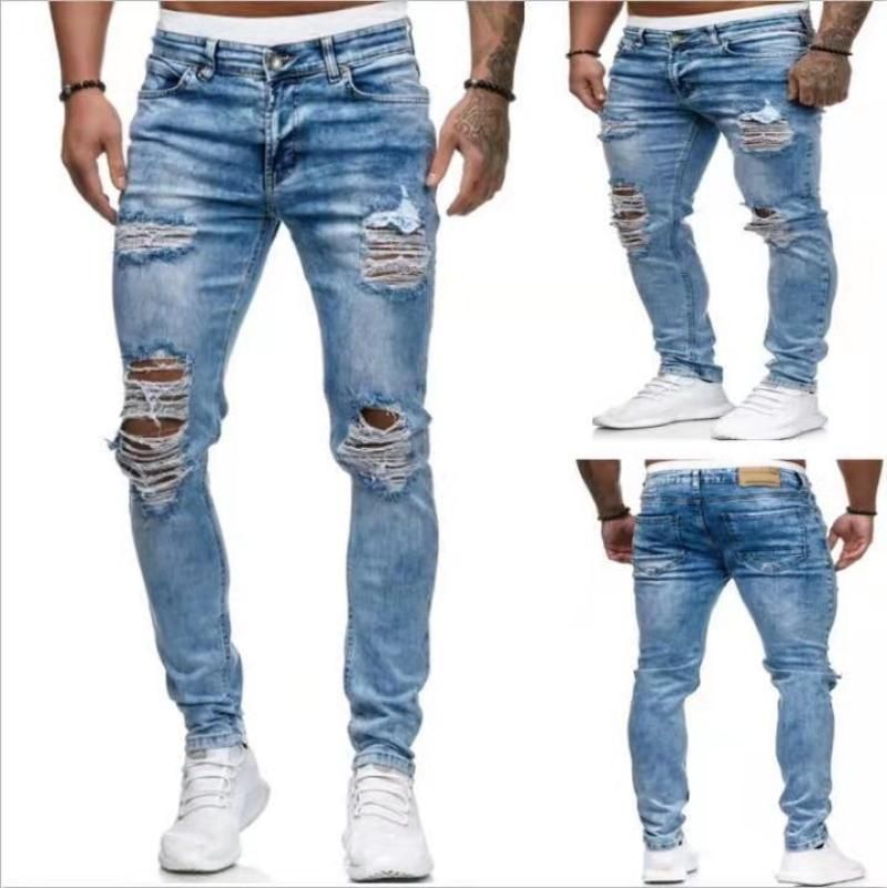 Men's Clothing Ripped Skinny Jeans Fried Bleached Stretch Denim Pants_mkmklike.com