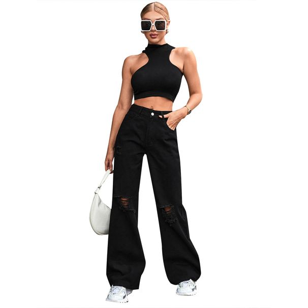 Trendy Girl Closet In Stock-10193#European And American Cross-Border Denim Women's Hot Sale Casual Fashion Ripped Pants_mkmklike.com