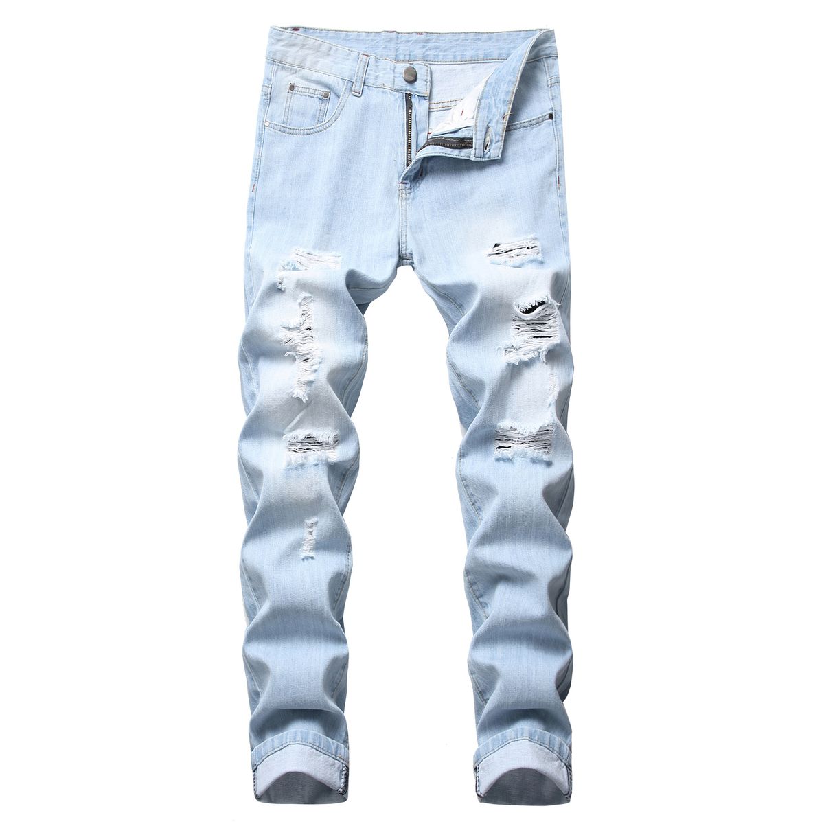 Men's Clothing Men's Ripped Straight Leg Slim Fit Non Stretch Jeans Ripped Men's Light Colored Denim Trousers Denim_mkmklike.com