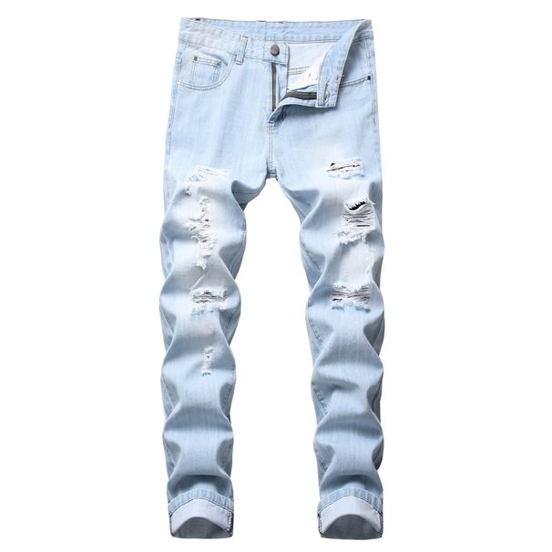 Men's Clothing Men's Ripped Straight Leg Slim Fit Non Stretch Jeans Ripped Men's Light Colored Denim Trousers Denim_mkmklike.com