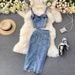 French Style Ins Women's Denim Skirt Two Piece Set 2025 New Female Sexy Short Sleeveless Suspender Crop Top + High Waist Denim Skirt Trendy Set_mkmklike.com