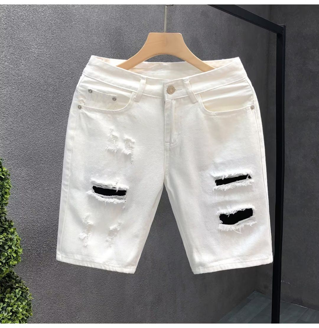 Patch Ripped Denim Trendy Brand Loose Straight Five Quarter Pants Men's Summer Thin White Casual Shorts_mkmklike.com
