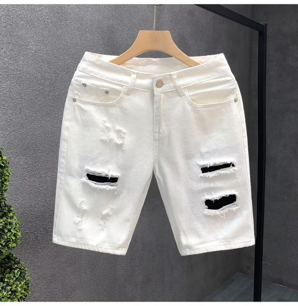 Patch Ripped Denim Trendy Brand Loose Straight Five Quarter Pants Men's Summer Thin White Casual Shorts_mkmklike.com