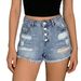Vintage High Waist Button Fly Distressed Denim Shorts For Women - Mid Blue Washed Ripped Casual Hot Pants With Raw Hem_mkmklike.com