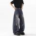 Deconstructed Ripped Curved Blade Straight Leg Jeans, Unisex Oversized Clean Fit High Street Casual Denim Pants_mkmklike.com