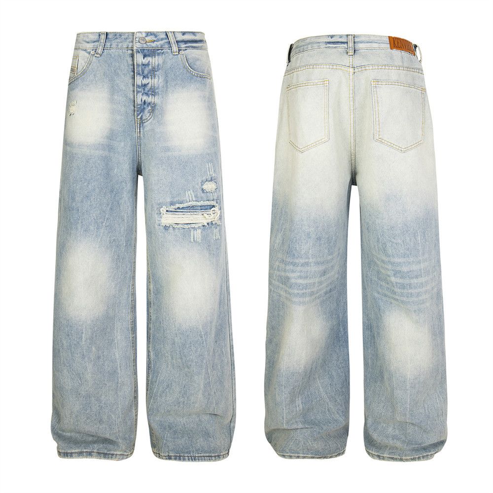 Washed Gradient Distressed Jeans Trendy Punk Vintage Tie-Dye Button Front Loose Wide-Leg Floor-Length Pants For Men_mkmklike.com