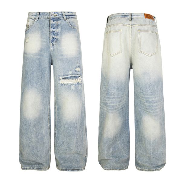 Washed Gradient Distressed Jeans Trendy Punk Vintage Tie-Dye Button Front Loose Wide-Leg Floor-Length Pants For Men_mkmklike.com