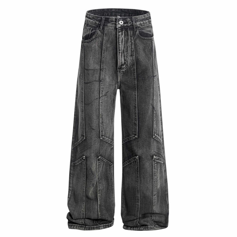 Heavy-duty Distressed Deconstructed Split Denim Punk Street Fashion Men's Design Sense Niche Washed Loose Wide-leg Pants_mkmklike.com