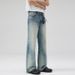 Vintage Washed Blue Gradient Jeans – Distressed Straight-Leg Bell Bottom Denim Pants With Cat Whisker & Fading Details ( Non-Stretch, S-3XL)_mkmklike.com