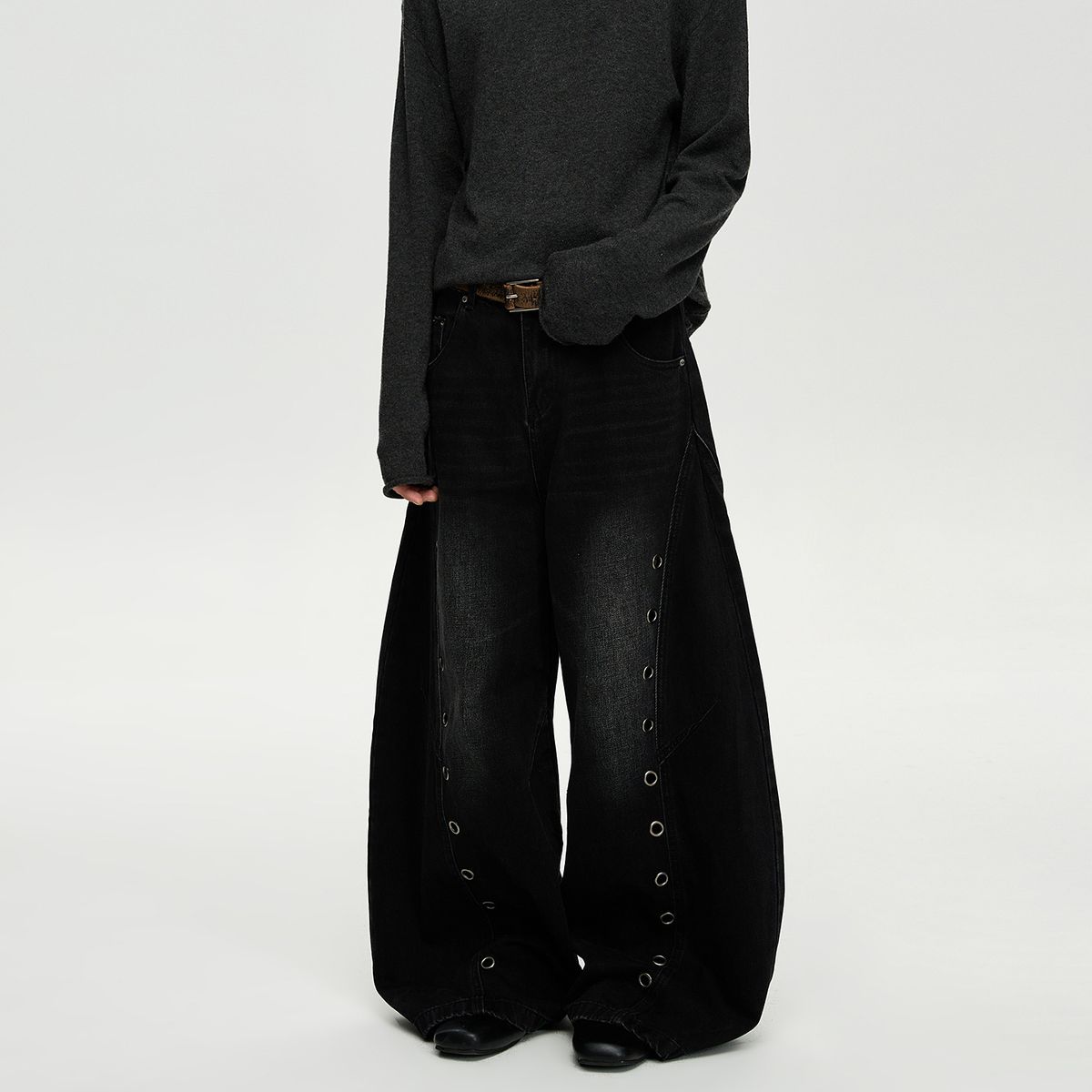 Men's American Style Curved Wash Distressed Jeans Clean Fit Loose Straight Wide Leg Mid Waist Black Blue Cotton Long Pants_mkmklike.com