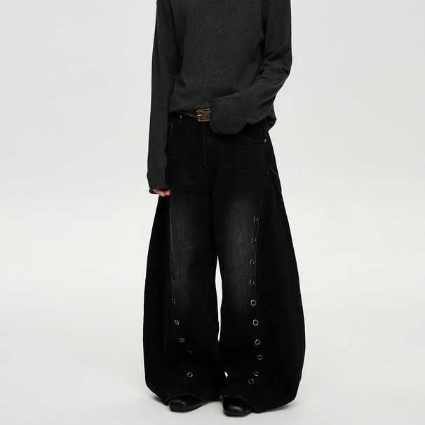 Men's American Style Curved Wash Distressed Jeans Clean Fit Loose Straight Wide Leg Mid Waist Black Blue Cotton Long Pants_mkmklike.com