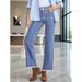 Comfortable Women's Light Blue Straight Leg Jeans Multiple Buttons Frayed Edges Cross Border Exclusive Factory Direct_mkmklike.com