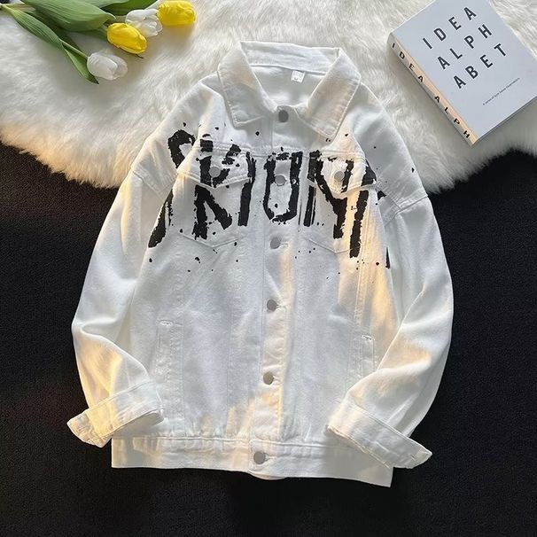 Men's Clothing American Graffiti Letter Print Denim Jacket For Young Men Loose High Street Hong Kong Style Coat Trendy Top_mkmklike.com
